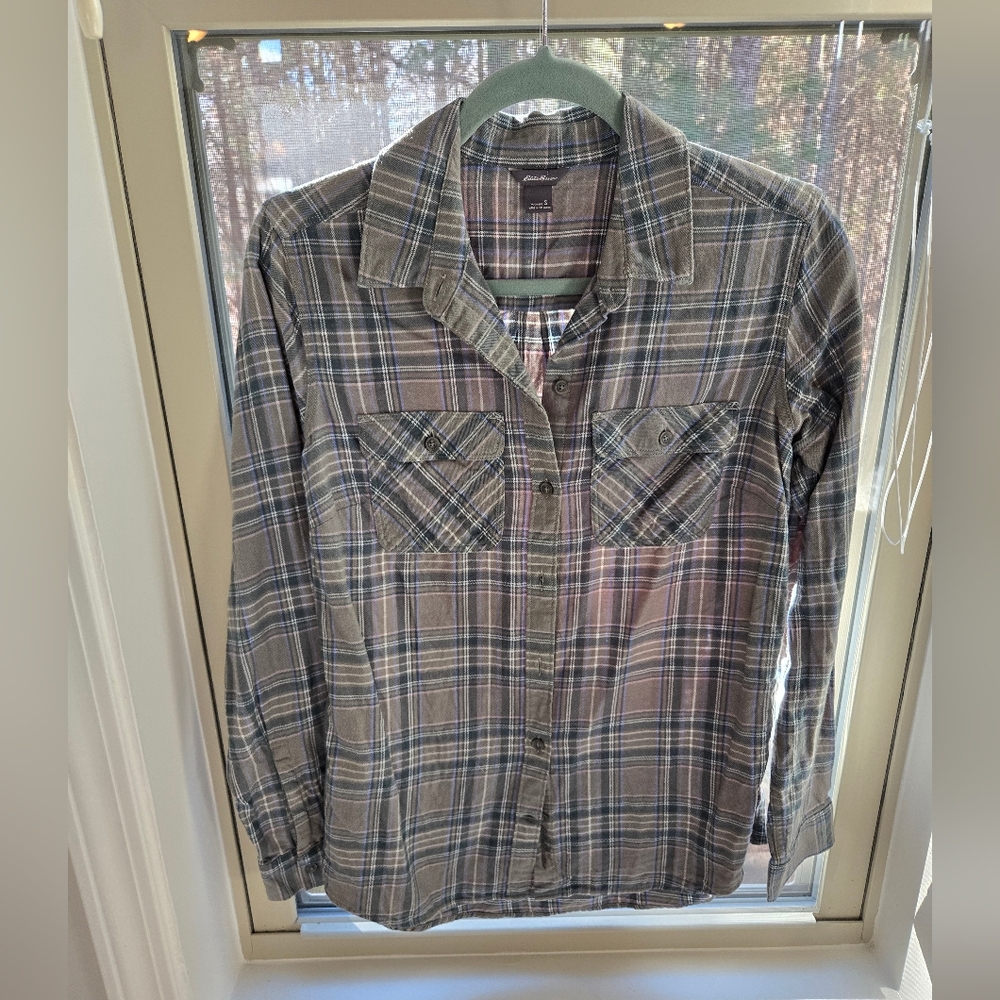 NWOT Womens Eddie Bauer Green Stripped Plaid Shirt Size Small
